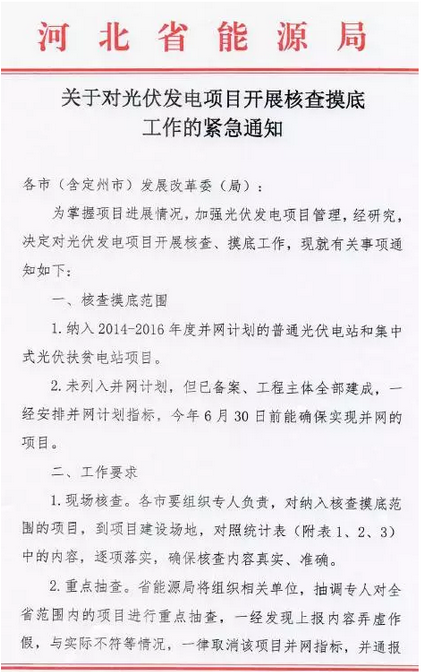 河北能源局下發(fā)《對光伏發(fā)電項(xiàng)目開展核查摸底工作》的通知 弄虛作假取消并網(wǎng)指標(biāo)！