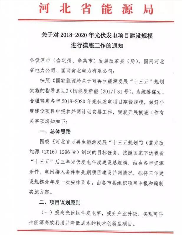 頭條！河北能源局發(fā)布《關(guān)于對2018-2020年光伏發(fā)電項目建設(shè)規(guī)模進(jìn)行摸底工作的通知》