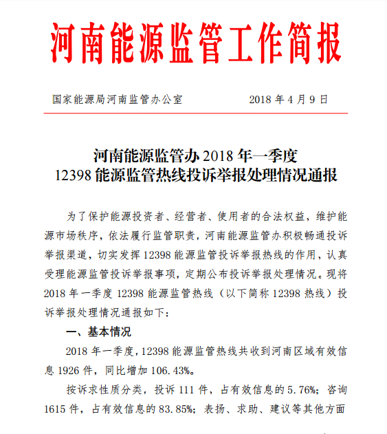 河南能監(jiān)辦2018年Q112398能源監(jiān)管熱線(xiàn)投訴舉報(bào)處理情況通報(bào)