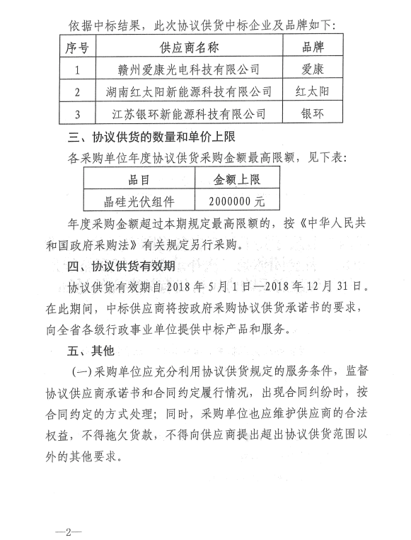 愛(ài)康、紅太陽(yáng)、銀環(huán)中標(biāo)江西第二次補(bǔ)錄2018晶硅組件協(xié)議供貨