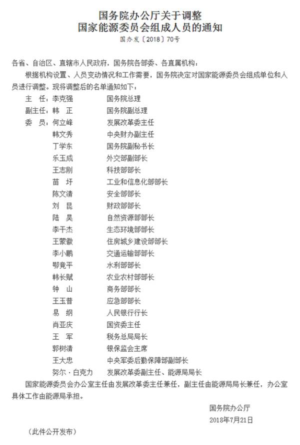 國(guó)家能源委員會(huì)組成人員調(diào)整:李克強(qiáng)任主任 韓正任副主任